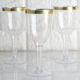 12 Pack | 9oz Clear / Gold Rim Hollow Stem Plastic Wine Goblet Glasses, Disposable Cups