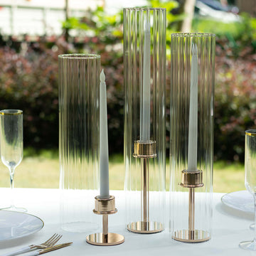 Set of 3 Clear Ribbed Glass Hurricane Shades Open End Design - Stylish Candelabra Pillar Candle Holder Table Centerpiece 15", 17", 19"