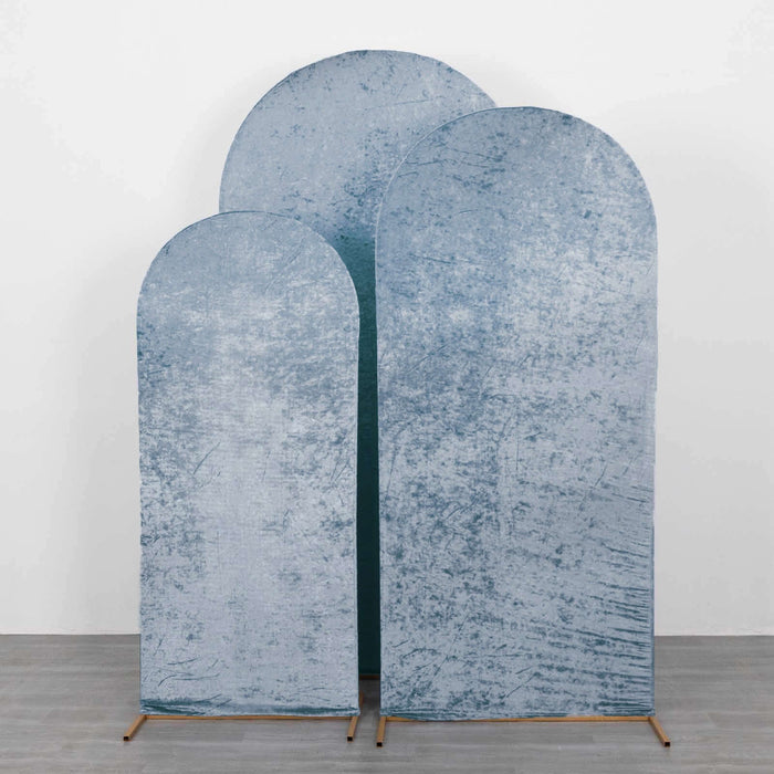 Set of 3 Dusty Blue Crushed Velvet Chiara Backdrop Stand Covers For Round Top Wedding Arches