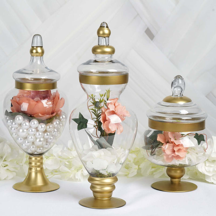 Set of 3 | Large Gold Trim Glass Apothecary Party Favor Candy Jars With Snap On Lids