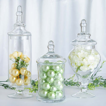 Set of 3 Glass Candy Jars Modern Apothecary Design Clear with Snap-On Lids - Stylish Party Favor Containers 9"/13"/14"