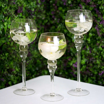 Set of 3 Glass Globe Vases Long Stem Clear - Stylish Candle Holder Floral Centerpieces 12", 14", 16"