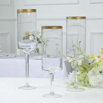 Set of 3 Glass Hurricane Candle Holders Long Stem Clear with Gold Rim - Decorative Pedestal Floral Centerpieces 16", 18", 20"