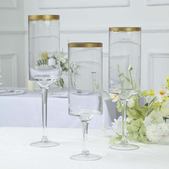 Set Of 3 | Clear Gold Rimmed Long Stem Glass Hurricane Candle Stands