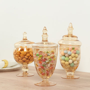 Set of 3 Glass Jars Apothecary Design Amber Gold and Snap-On Lids - Stylish Decorative Candy Buffet Storage 8.5", 9", 10"