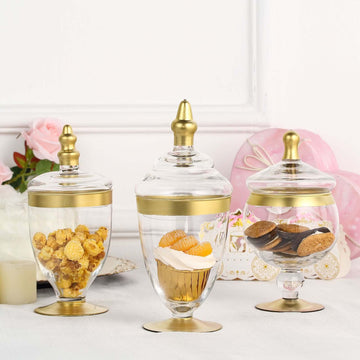 Set of 3 Glass Jars Apothecary Design Clear with Gold Trim and Snap-On Lids - Stylish Decorative Candy Buffet Storage 8.5", 9", 10"