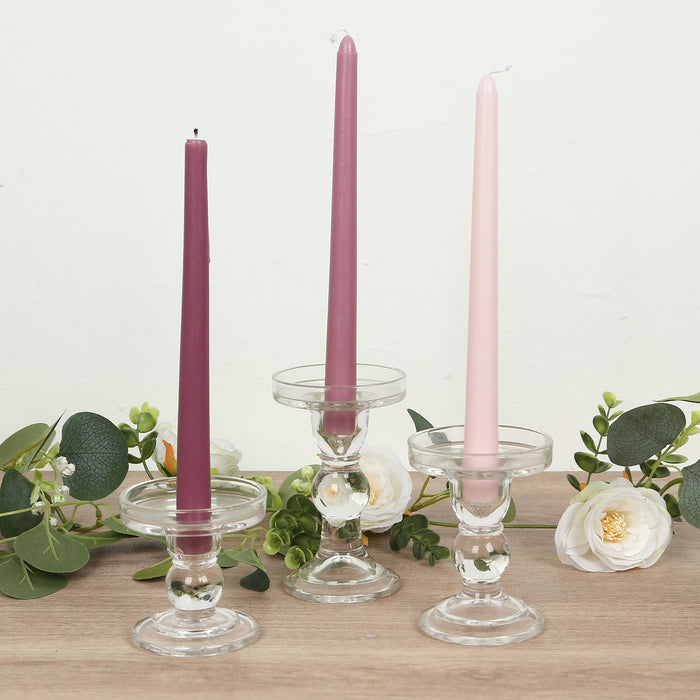 Set of 3 Clear Premium Glass Taper Candle Holders with Round Candle Tray