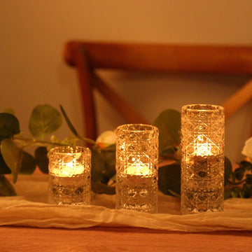 Set of 3 Glass Taper Candle Holders Clear with Gemstone Pattern - Dual Sided Crystal Cylinder Tealight Stands 3", 4", 5.5"