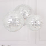 Set of 3 Glitter Silver Sequin Fabric Hanging Lanterns