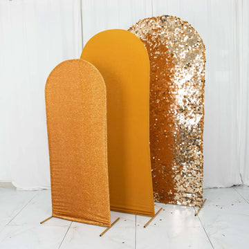 Set of 3 Gold Round Top Fitted Wedding Arch Frame Covers, Big Payette Sequin, Shimmer Tinsel and Matte Spandex Backdrop Stand Covers