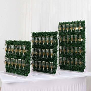 Set of 3 Champagne Wall Glass Holder Green - Tiered Faux Boxwood Stemware Rack Cocktail Display Drink Organizer for Classy Events & Banquets 24", 33", 42"