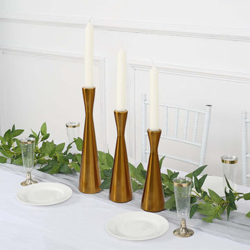 Set of 3 Hourglass Taper Candle Holders Gold Metal Nordic European Design - Tabletop Decor 8", 9", 11"