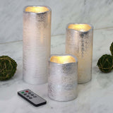 Set of 3 | Metallic Silver Flameless Candles | Battery Operated LED Pillar Candle Lights with Remote Timer - 4"|6"|8"