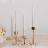 Set of 3 Gold Metal Taper Candle Stands with Round Base, Hurricane Candlestick Holders