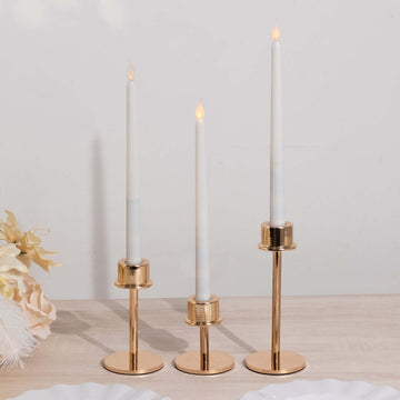 Set of 3 Metal Taper Candlestick Holders Gold with Round Base - Hurricane Candle Stands 3.5", 5.5", 8"