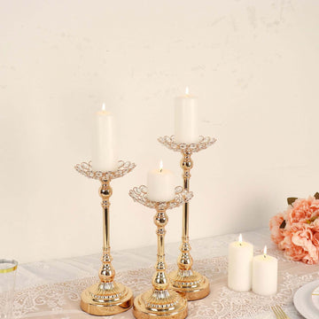 Set of 3 Metal Votive Candle Holders Crystal Beaded Design Gold - Tea Light Centerpieces 11", 13", 15"