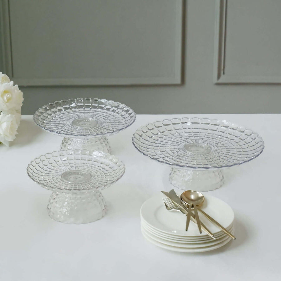 Set of 3 | Clear Pressed Contemporary Design Plastic Cake Stands With Bowl Base