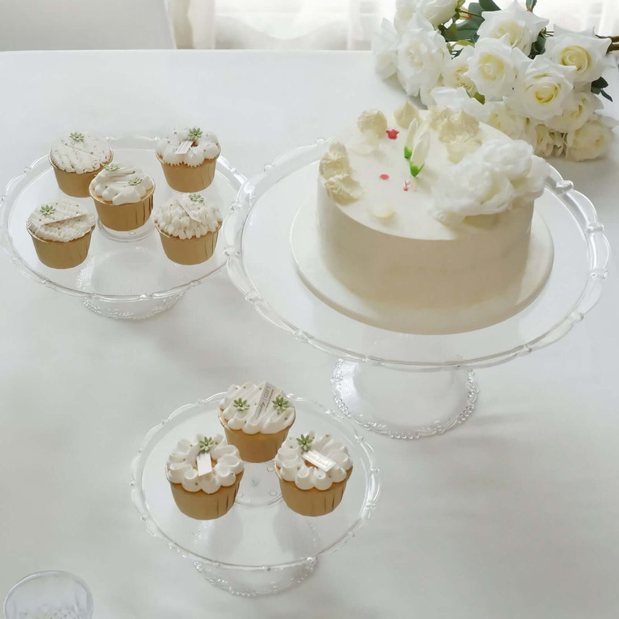 Set of 3 | Clear Plastic Round Pedestal Cake Stands, Stackable Cupcake Dessert Display Holders