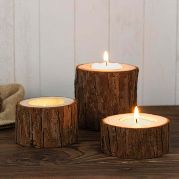 Set of 3 Rustic Wood Slice Votive Candle Holders - Tree Branch Wedding Table Décor 2.75", 1.5", 1.25"