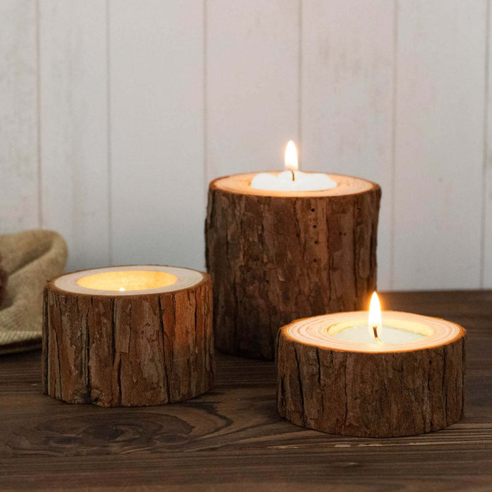 Set of 3 | Assorted Rustic Wood Slice Tealight Candle Holders