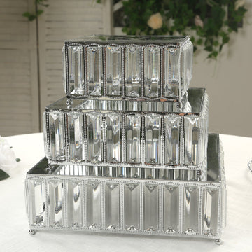 Set of 3 Silver Metal Crystal Pendant Cake Stands with Mirror Top, Stackable Square Dessert Display Trays - 7",10",12"