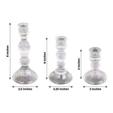 Set of 3 Clear Ribbed Glass Taper Candlestick Holders, Fluted Crystal Candle Stands