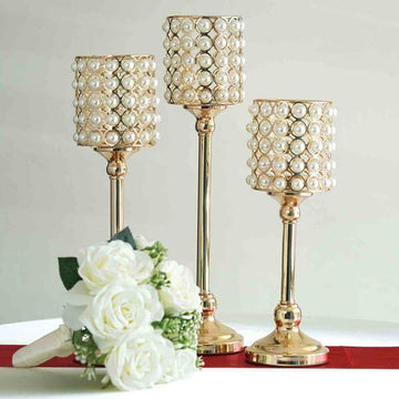 Set of 3 Votive Candle Holders White Pearl Beaded - Gold Sophisticated Small Pillar Stands 12", 14", 16"