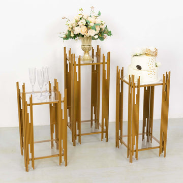 Set of 3 Wedding Pedestal Stands Square Acrylic Plate Design Gold - Metal Flower Display Plinths 26",30",34"