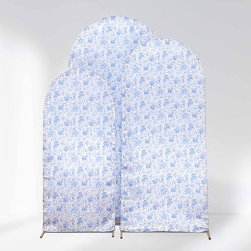 Set of 3 White Blue Satin Chiara Wedding Arch Covers in French Toile Floral Pattern, Fitted Covers For Round Top Backdrop Stands - 5ft,6ft,7ft