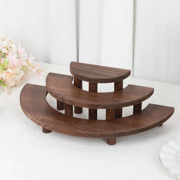 Set of 3 Wooden Dessert Pedestals Rustic Brown 3-Tier Semicircle Design - Half Moon Cupcake Display Risers 7", 13", 18"