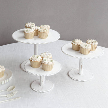 Set of 3 Wooden Pedestal Cake Stands Whitewash with Round Beaded Rim Trays - Stackable Rustic Cupcake Display 8", 10", 12"