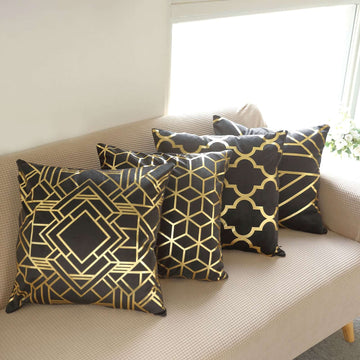 Set Of 4 18" Black Gold Foil Geometric Print Throw Pillow Covers, Velvet Square Sofa Cushion Covers