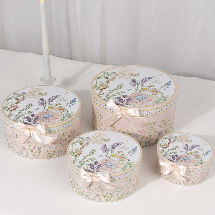 Set of 4 Blush Floral Round Nesting Gift Boxes With Lids