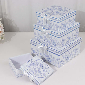 Set of 4 Cardstock Round Nesting Gift Boxes White Blue French Toile Design - Decorative Heavy Duty Stackable Keepsake Boxes With Lids for Presents Storage & Pedestal Stand 5",7",8",9"