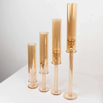 Set of 4 Crystal Glass Hurricane Taper Candle Holders, Decorative Tall Candle Stands Gold Cylinder Chimney Tubes 14", 18", 22", 26"