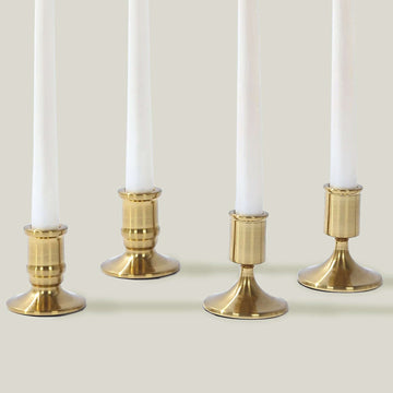 Set of 4 Metal Taper Candle Holders Vintage Gold with Sturdy Round Base - Traditional Pillar Candlestick Holders 2.5", 3"