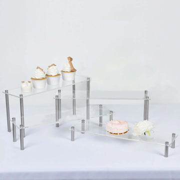 Set of 4 Premium Acrylic Dessert Display Stands Clear - Sleek Multi Level Buffet Riser Serving Tray Platter for Cupcakes Pastries & Appetizers