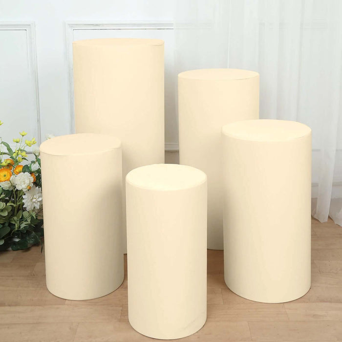 Set of 5 | Beige Cylinder Stretch Fitted Pedestal Pillar Prop Covers, Display Box Stand Covers