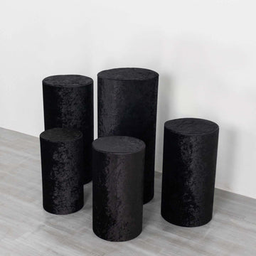 Set of 5 Black Crushed Velvet Cylinder Pedestal Stand Covers, Premium Pillar Prop Covers