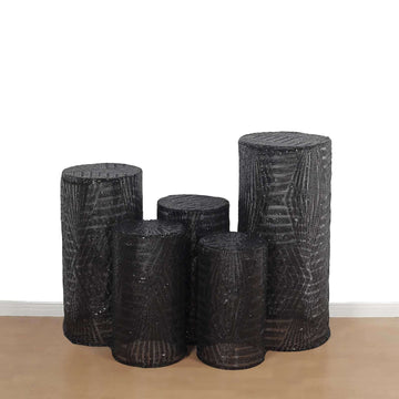 Set of 5 Black Sequin Mesh Cylinder Pedestal Stand Covers with Geometric Pattern Embroidery, Sparkly Sheer Tulle Pillar Prop Covers