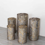 Set of 5 Black Wave Mesh Cylinder Pedestal Stand Covers with Embroidered Sequins, Premium Pillar