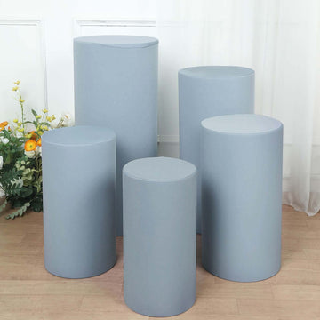 Set of 5 Dusty Blue Spandex Cylinder Pedestal Stand Covers, Stretchable Pillar Prop Covers - 160 GSM