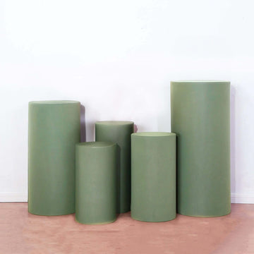 Set of 5 Dusty Sage Green Spandex Cylinder Pedestal Stand Covers, Stretchable Pillar Prop Covers - 160 GSM