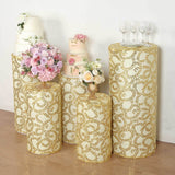 Set of 5 Gold Sequin Mesh Cylinder Pedestal Pillar Prop Covers with Leaf Vine Embroidery