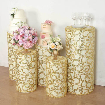 Set of 5 Gold Sequin Mesh Cylinder Pedestal Stand Covers with Leaf Vine Embroidery, Sparkly Sheer Tulle Pillar Prop Covers