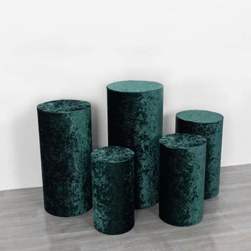 Set of 5 Hunter Emerald Green Crushed Velvet Cylinder Pedestal Stand Covers, Premium Pillar Prop Covers