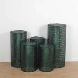 Set of 5 Hunter Emerald Green Sequin Mesh Cylinder Pedestal Pillar Prop Covers with Geometric