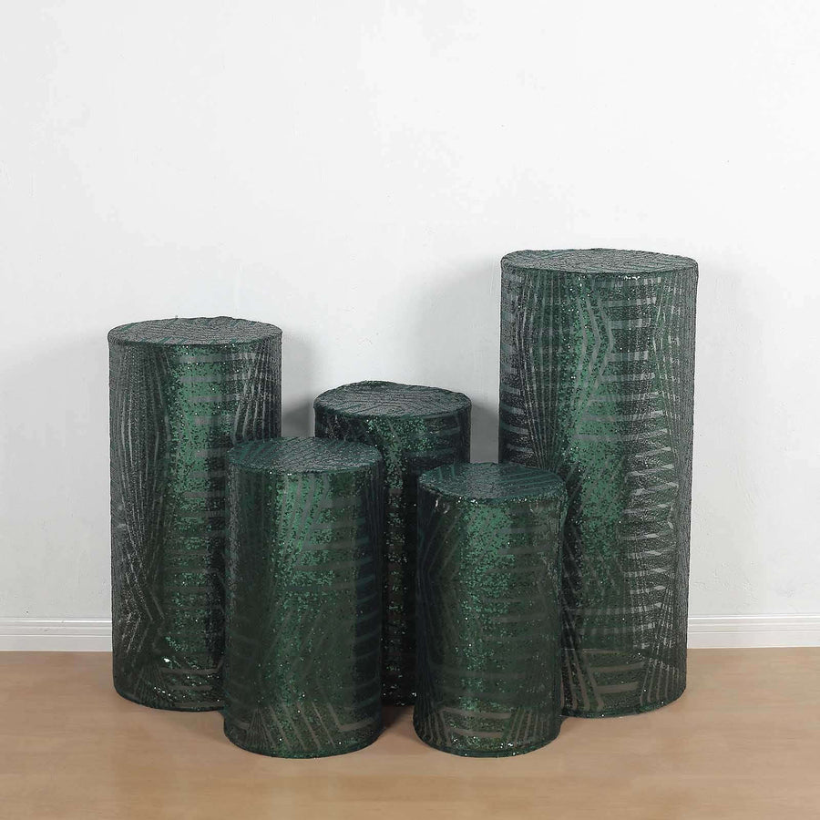 Set of 5 Hunter Emerald Green Sequin Mesh Cylinder Pedestal Pillar Prop Covers with Geometric