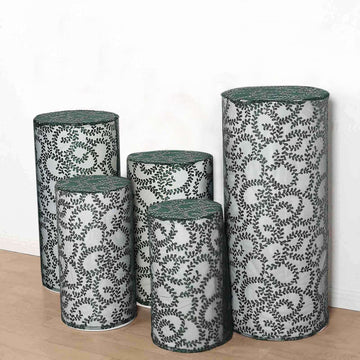 Set of 5 Hunter Emerald Green Sequin Mesh Cylinder Pedestal Stand Covers with Leaf Vine Embroidery, Sparkly Sheer Tulle Pillar Prop Covers