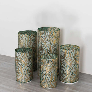 Set of 5 Hunter Green Wave Mesh Cylinder Pedestal Stand Covers with Embroidered Sequins, Emerald Pillar Prop Covers - 160 GSM